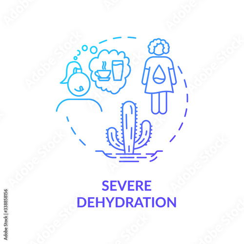 Severe dehydration blue concept icon. Lack of water in human body. Thirsty woman. Girl think of fluid. Rotavirus sign idea thin line illustration. Vector isolated outline RGB color drawing