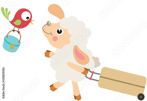 Cute lamb and bird pulling baggage suitcase travel