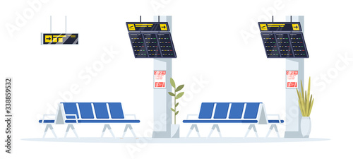 Airport terminal semi flat RGB color vector illustration. Waiting area in lobby. Empty blue seats and armchairs in public room. Aircraft lounge isolated cartoon object on white background