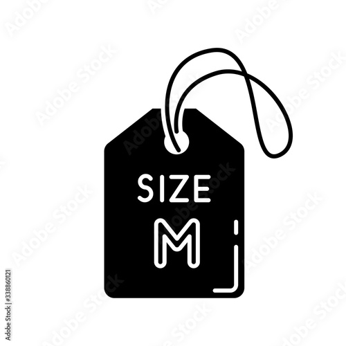 Medium size label black glyph icon. Clothing parameters information silhouette symbol on white space. Descriptive tag with M letter, average size apparel specification. Vector isolated illustration