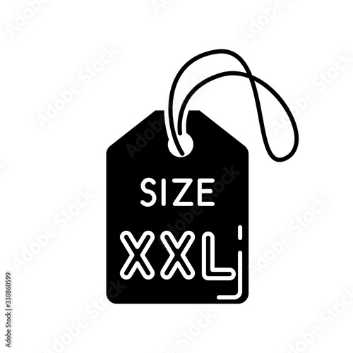 XXL size label black glyph icon. Garments parameters specification silhouette symbol on white space. Clothing tag with XXL letters for plus size or overweight people. Vector isolated illustration
