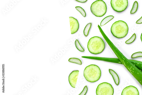 Green fresh aloe vera and cucumber slices isolated on white background. Natural herbal medical plant ,skincare ,health and beauty spa concept. Top view. Flat lay.Space for text.