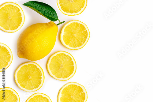 Lemon lime fruit with green leaf and sliced isolated on white background . Top view.Flat lay. Space for text.