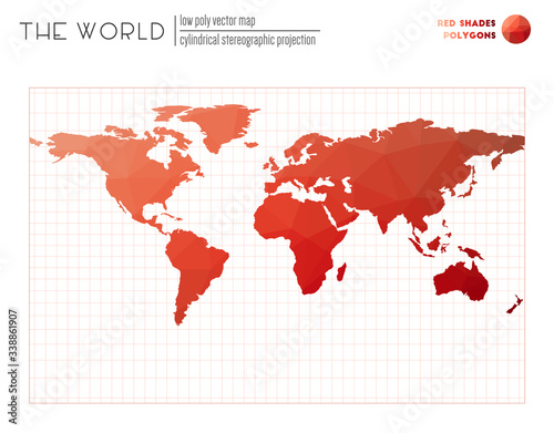 World map in polygonal style. Cylindrical stereographic projection of the world. Red Shades colored polygons. Modern vector illustration.