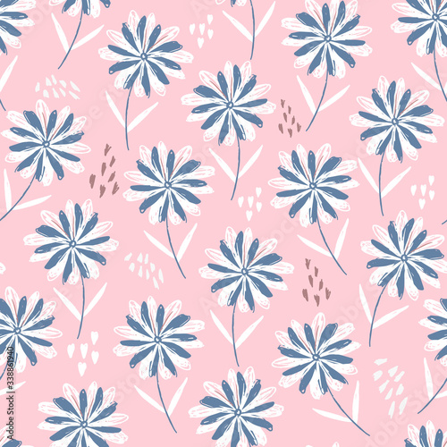 Tender pastel pink sketchy floral seamless pattern with blue and white flowers, hearts and dots. Cute scandinavian texture with gerbera for textile, wrapping paper, surface, wallpaper, background