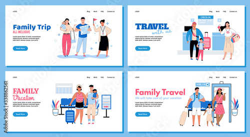 Family travel and vacation banners set with people, sketch vector illustration.