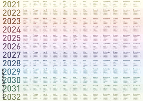 Calendar for Years 2021 to 2032
