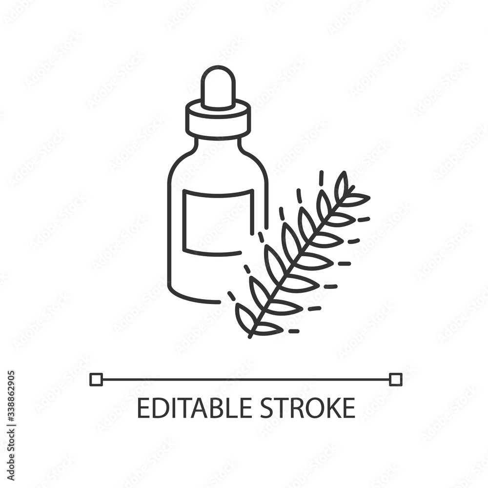 Hydrolyzed wheat protein pixel perfect linear icon. Herbal extract in container with droplet. Thin line customizable illustration. Contour symbol. Vector isolated outline drawing. Editable stroke