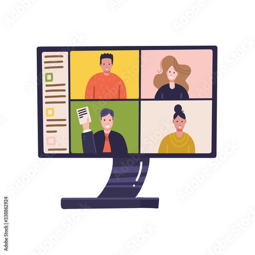 PC screen with online distant conference on monitor with people participating in business meeting from home. Work in home, self isolation, quarantine corona virus, freelance concept. Flat vector
