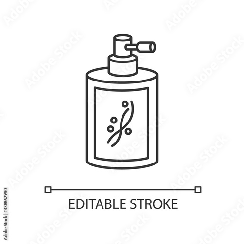 Liquid silicon in bottle pixel perfect linear icon. Conditioner in jar container with sprayer. Thin line customizable illustration. Contour symbol. Vector isolated outline drawing. Editable stroke