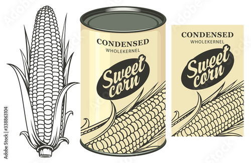 Vector banner for canned sweet corn with corn cob, label and tin can. Label design with a contour drawing of a corn cob and inscription on a light background. Long-term storage product