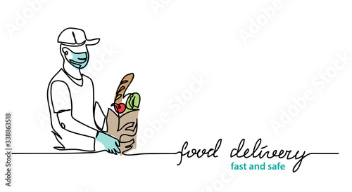 Food delivery, courier carry package with meal wears face mask and gloves. Vector simple illustration. Promotion web banner, background with courier. Food delivery lettering, fast and safe text.