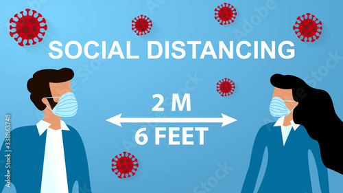 Concept of maintaining social distance between people during novel coronavirus disease COVID-19 Pandemic outbreak, 2019-nCov, woman and man with blue medical face mask are at distance from each other