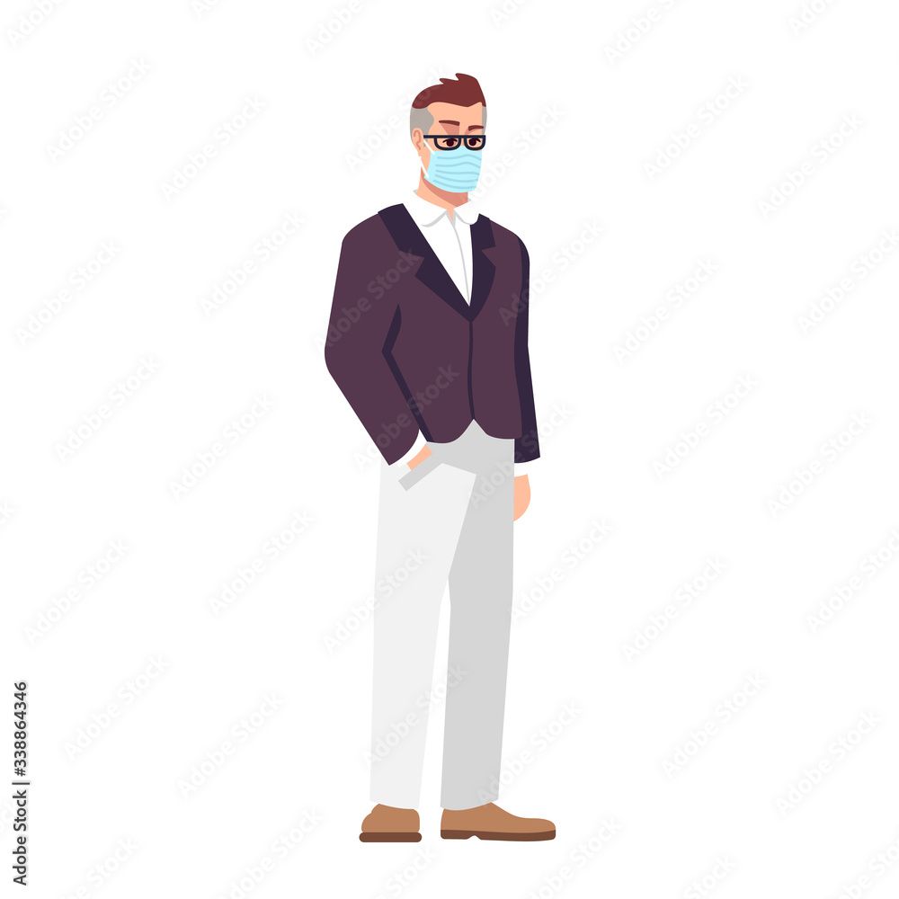 Businessman in surgical mask semi flat RGB color vector illustration. Middle age caucasian man isolated cartoon character on white background. Coronavirus pandemic, covid19 virus protection Businessman in surgical mask semi flat RGB color vector illustration. Middle age caucasian man isolated cartoon character on white background. Coronavirus pandemic, covid19 virus protection