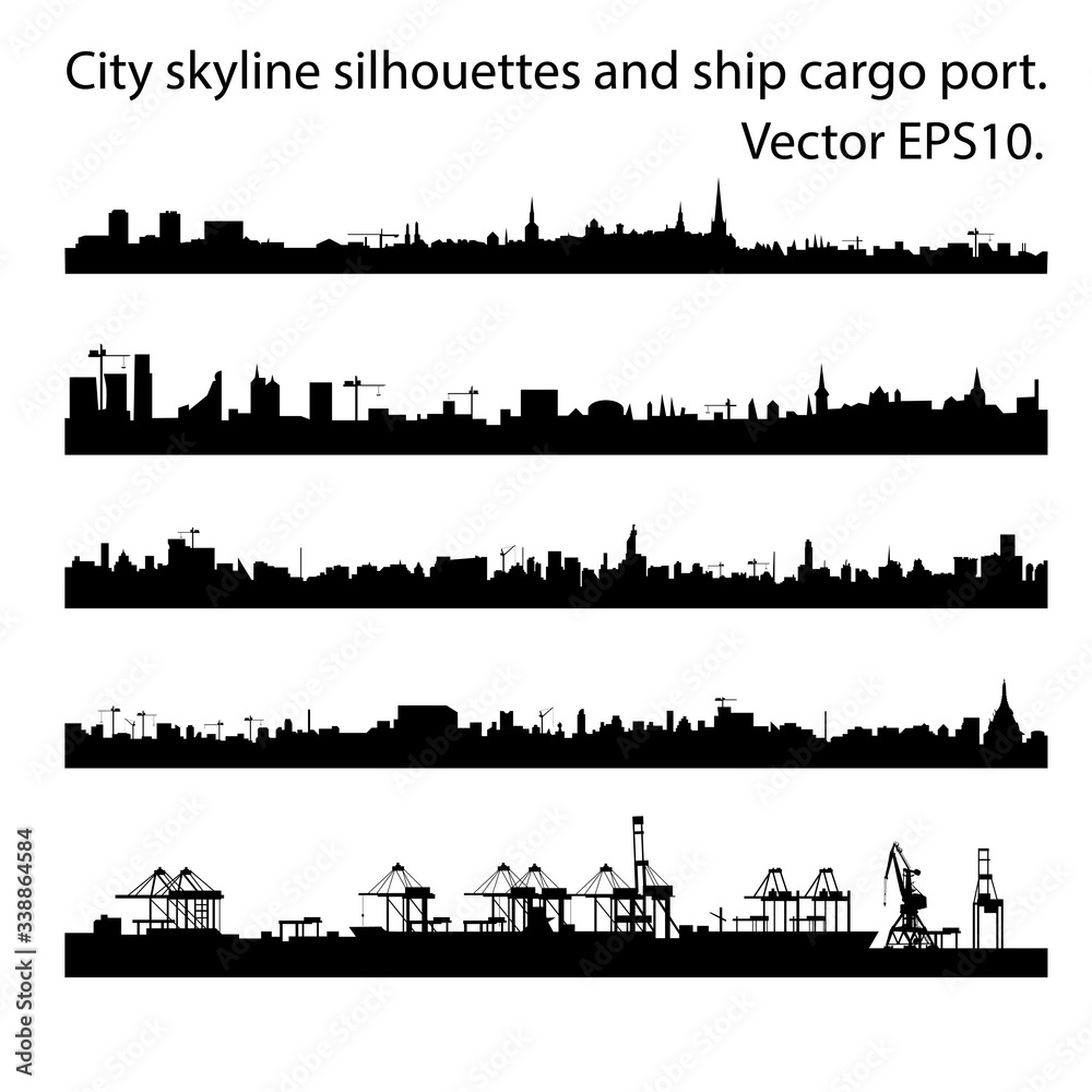Set of city skyline silhouettes in a flat style for the footer or parallax effect. Modern cityscape and cargo port with cranes. Vector EPS10.