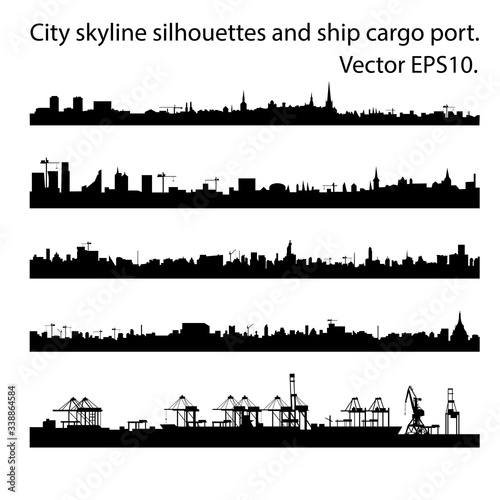 Set of city skyline silhouettes in a flat style for the footer or parallax effect. Modern cityscape and cargo port with cranes. Vector EPS10.