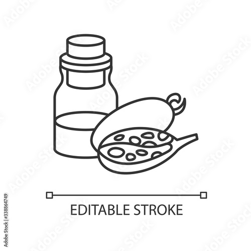 Baobab oil pixel perfect linear icon. Exotic african fruit essence for haircare. Liquid remedy. Thin line customizable illustration. Contour symbol. Vector isolated outline drawing. Editable stroke