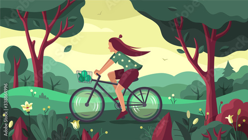 A young girl is riding a bicycle in the park. Flat style vector illustration. Weekend in fresh air, among nature.