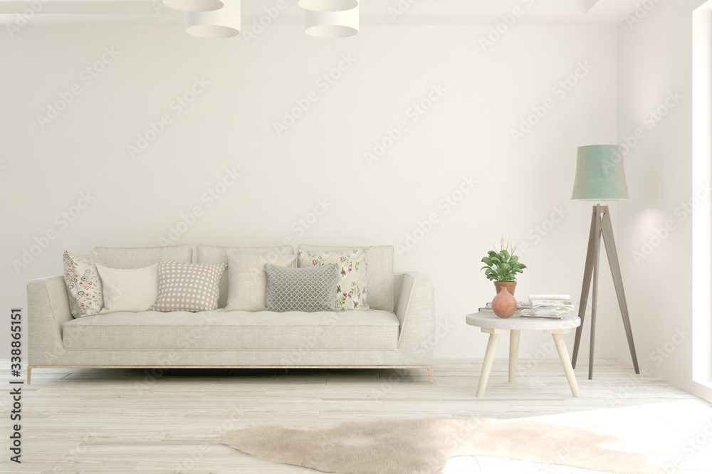 White living room with sofa. Scandinavian interior design. 3D illustration White living room with sofa. Scandinavian interior design. 3D illustration