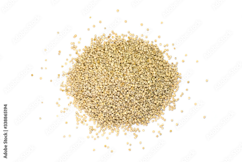 Closeup pile of real quinoa seeds ( Chenopodium ) isolated on white background. Healthy eating, superfood concept. Top view. Flat lay. Closeup pile of real quinoa seeds ( Chenopodium ) isolated on white background. Healthy eating, superfood concept. Top view. Flat lay.