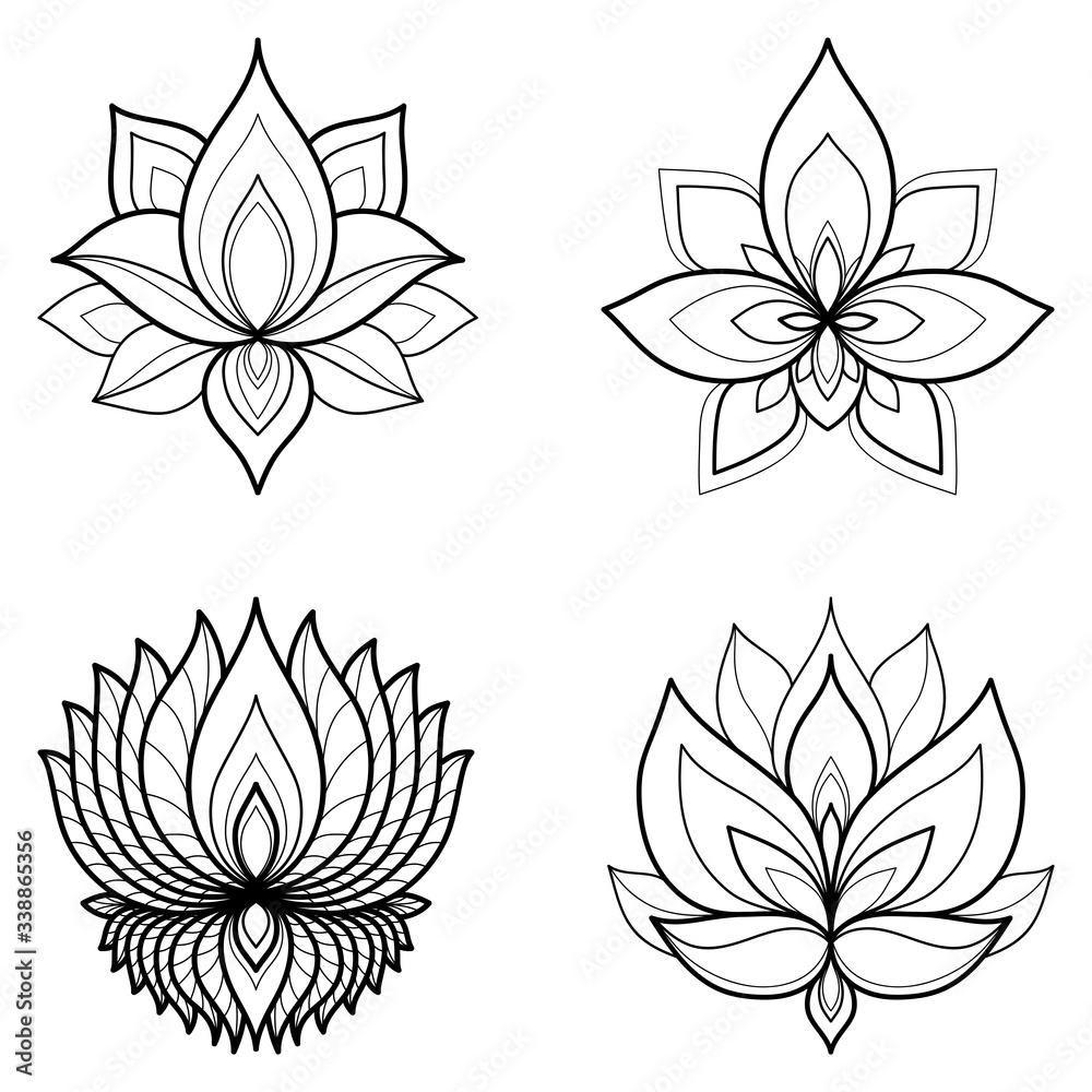 Obraz premium Set of four ethnic Mandala ornaments isolated on white background. Henna tattoo design. Vector illustration