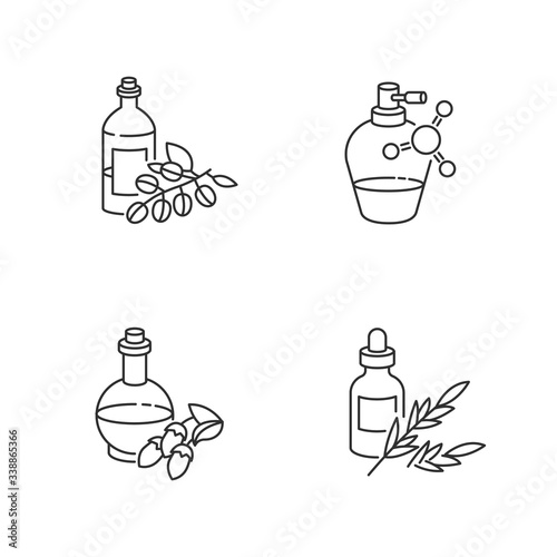 Hair oils pixel perfect linear icons set. Antistatic sprayer in bottle. B5 panthenol ointment. Customizable thin line contour symbols. Isolated vector outline illustrations. Editable stroke