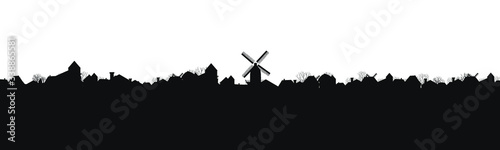 silhouette of a village with a mill. panorama. vector