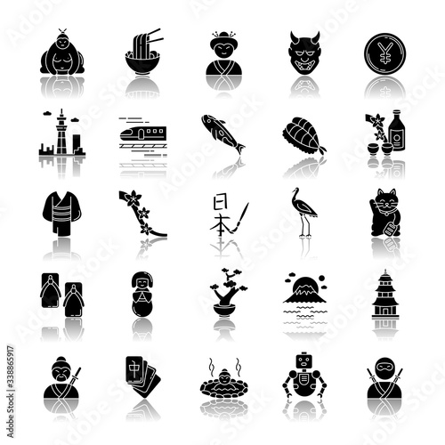 Japan drop shadow black glyph icons set. Koi carp. Ramen and sushi. Sake drink. Ninja and samurai. Asian souvenirs. Traditional japanese symbols. Isolated vector illustrations on white space