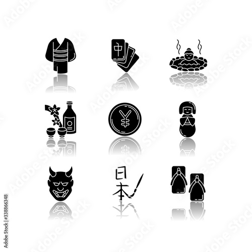 Japan drop shadow black glyph icons set. Yukata, kimono. Mahjong game. Hot springs. Sake, rice wine. Yen coin. Traditional japanese attributes. Isolated vector illustrations on white space