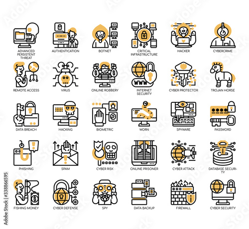 Set of cyber robbery thin line and pixel perfect icons for any web and app project.