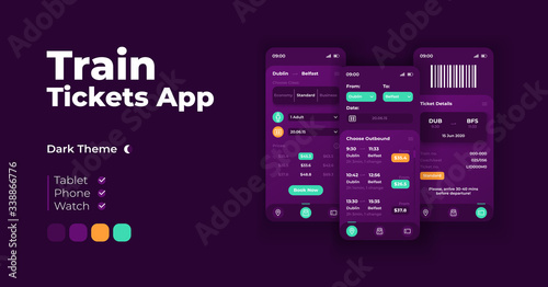 Train tickets app cartoon smartphone interface vector templates set. Mobile app screen page night mode design. Available trip prices and details UI for application. Phone display with flat character
