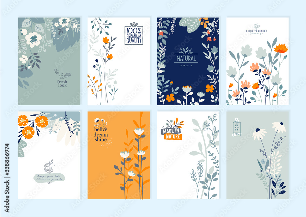 Set of brochure designs on the subject of nature, spring, beauty, fashion, natural and organic products, environment. Vector illustration or cover design templates, annual reports, marketing material.