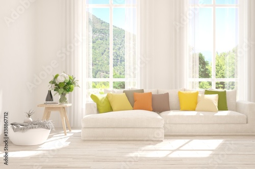 White living room with sofa and summer landscape in window. Scandinavian interior design. 3D illustration