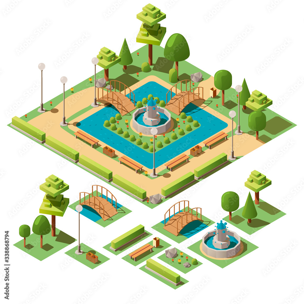 Isometric city public park for recreation with fountain, bridge, benches, trees, bushes, pond. Design elements for garden landscape. Urban green garden for walks, rest, relax. 3d vector illustration.