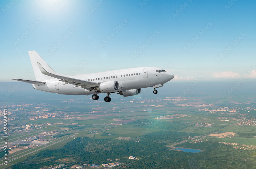 Aircraft approach before landing with landing gear. Aircraft approach before landing with landing gear.