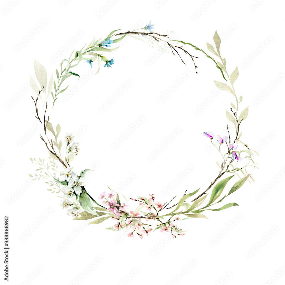 Hand drawing watercolor spring wreath of wild flowers, branches and leaves. illustration isolated on white