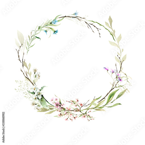 Hand drawing watercolor spring wreath of wild flowers, branches and leaves. illustration isolated on white
