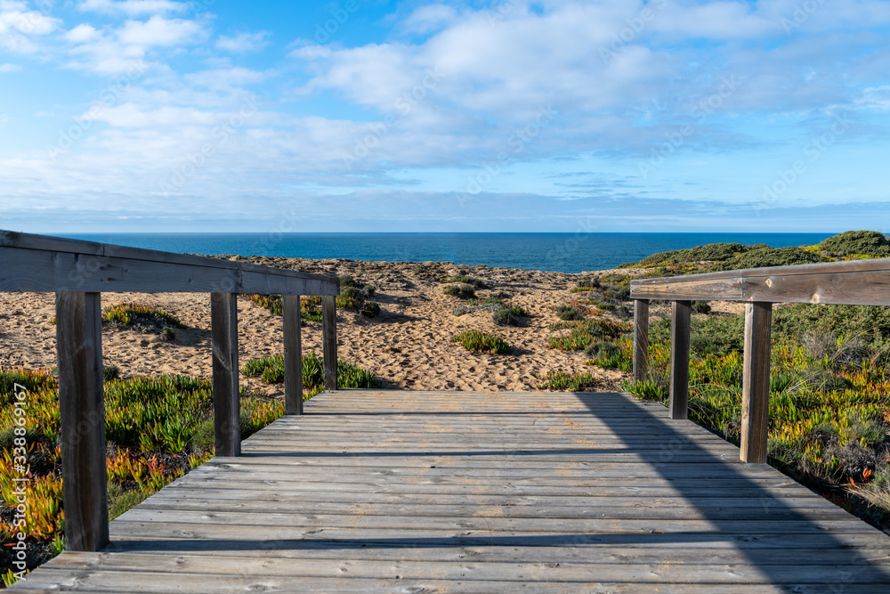Fototapeta premium Wooden footbridge leading to shore. Sunny day.