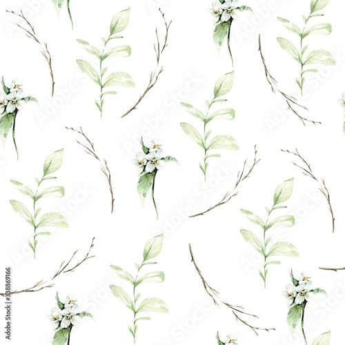 Hand drawing watercolor spring Pattern of wild flowers  leaves and branches. illustration isolated on white. Perfect for summer wedding invitation and card making