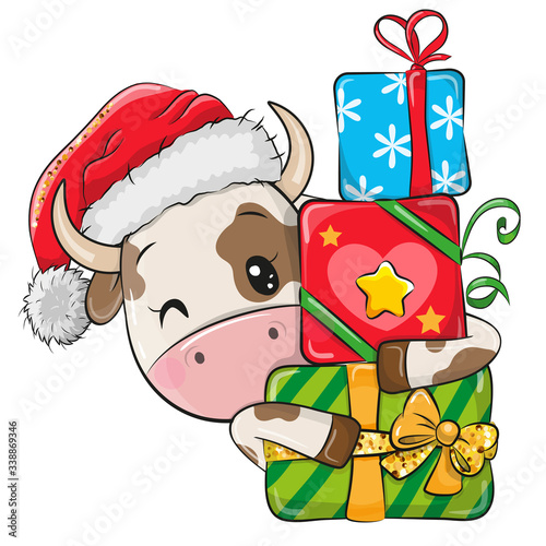 Cartoon Bull with gifts in a Santa hat