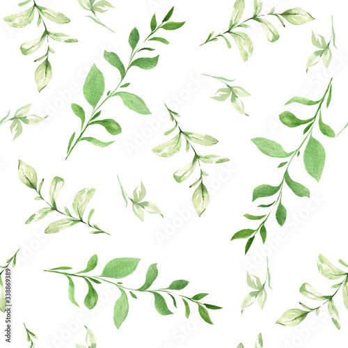 Hand drawing watercolor spring Pattern of wild leaves, flowers and branches. illustration isolated on white. Perfect for summer wedding invitation and card making