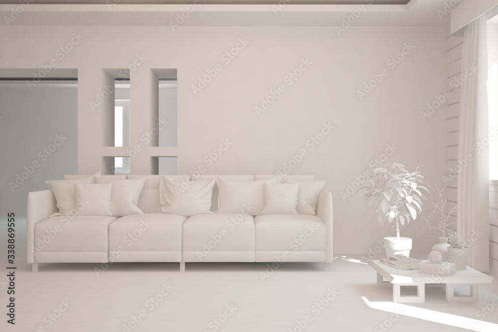 Fototapeta premium White minimalist living room with sofa. Scandinavian interior design. 3D illustration