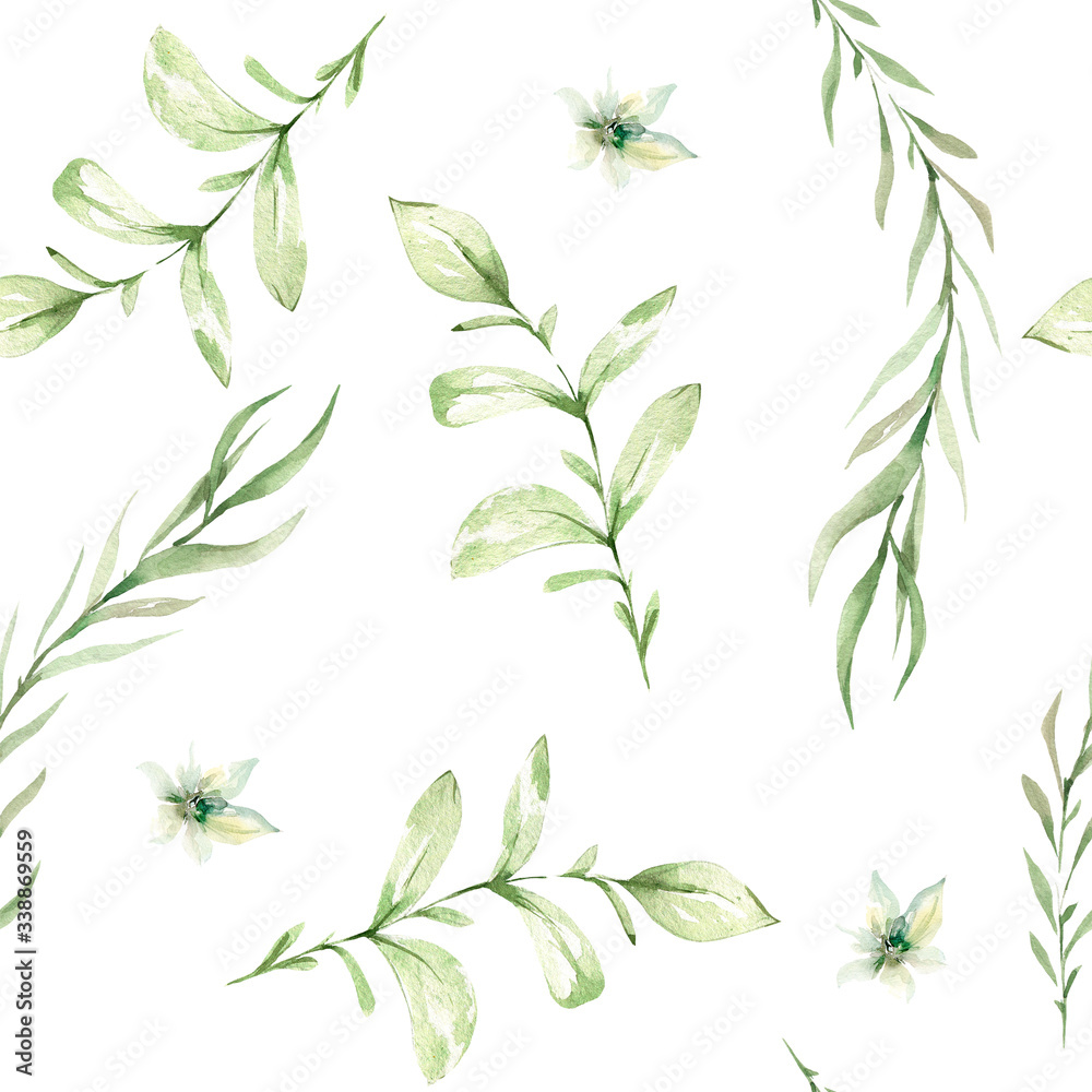 Hand drawing watercolor spring Pattern of wild leaves and branches. illustration isolated on white. Perfect for summer wedding invitation and card making