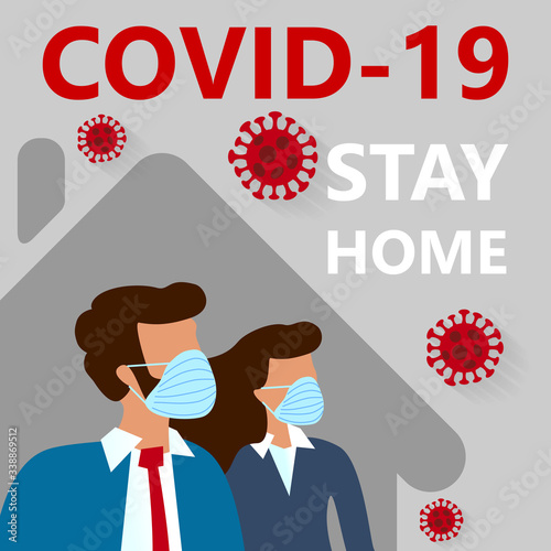 COVID-19 Novel coronavirus 2019-nCoV quarantine and stay at home on blue background. woman and man in suit with medical face mask at home. Corona Virus disease 2019 Pandemic Protection Concept