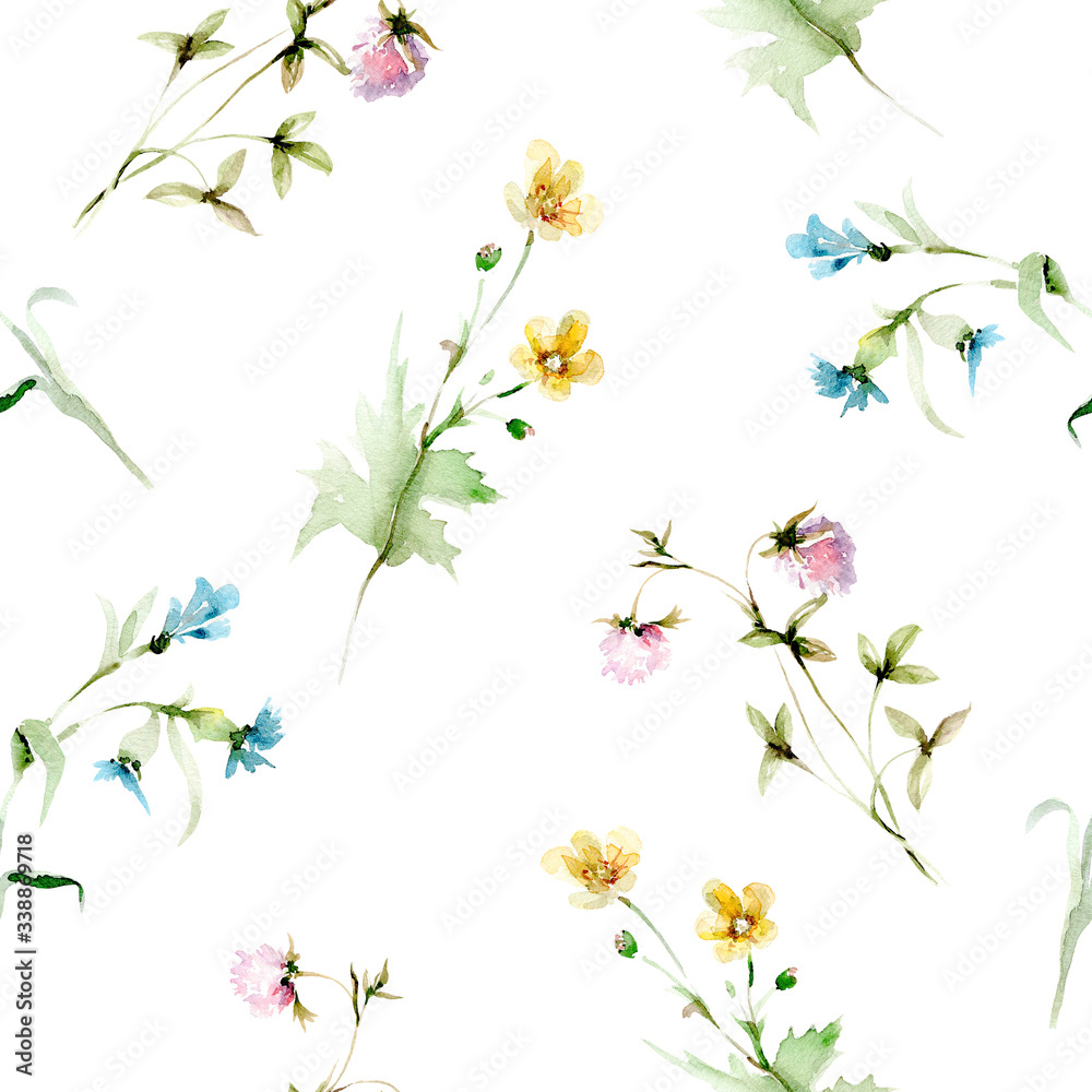 Hand drawing watercolor summer pattern with wild flowers, leaves and branches. illustration isolated on white. Perfect for summer wedding invitation and card making Hand drawing watercolor summer pattern with wild flowers, leaves and branches. illustration isolated on white. Perfect for summer wedding invitation and card making
