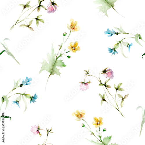 Hand drawing watercolor summer pattern with wild flowers  leaves and branches. illustration isolated on white. Perfect for summer wedding invitation and card making