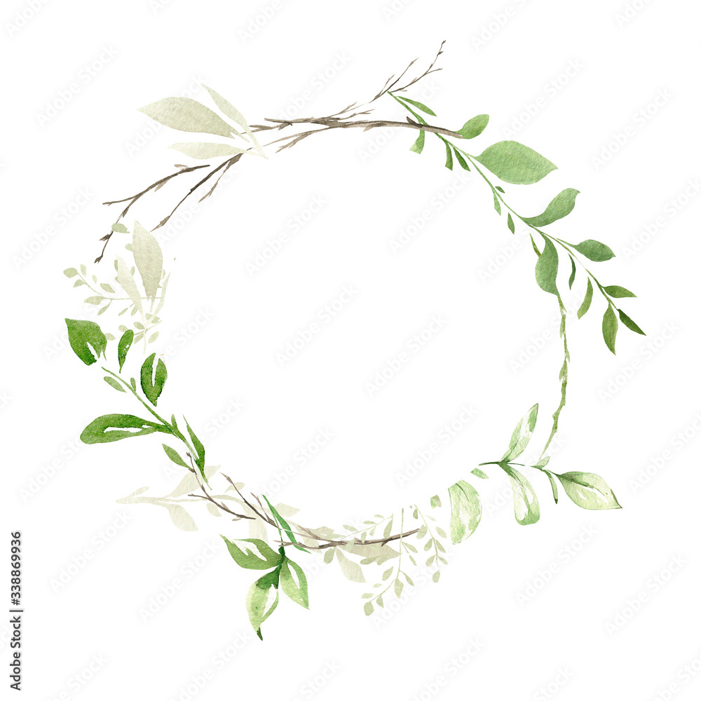 Hand drawing watercolor spring frame of wild flowers, branches and leaves. illustration isolated on white