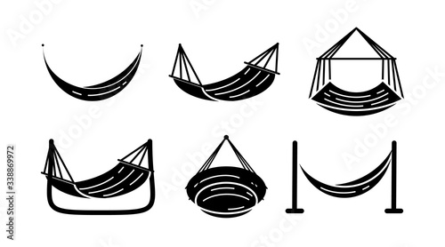 Set of black simple hammock icons isolated on white background. Relax fun. Indoor swing. Sun bathing. Vector illustration for web design. photo