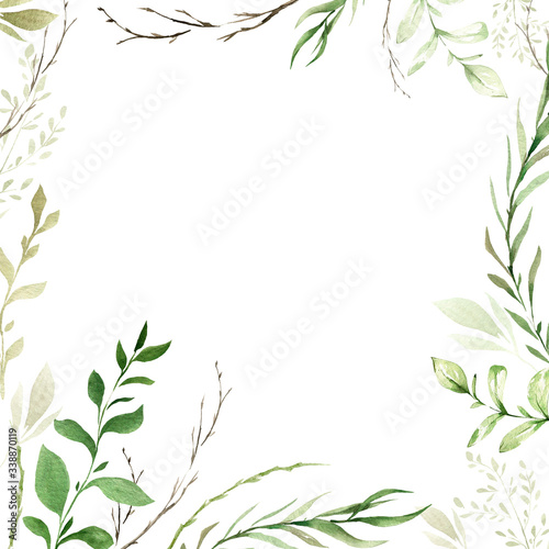 Hand drawing watercolor spring frame of wild flowers  branches and leaves. illustration isolated on white