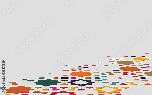 Arabic arabesque design greeting card for Ramadan Kareem,Islamic ornamental colorful detail of mosaic in perspective isolated on a light background